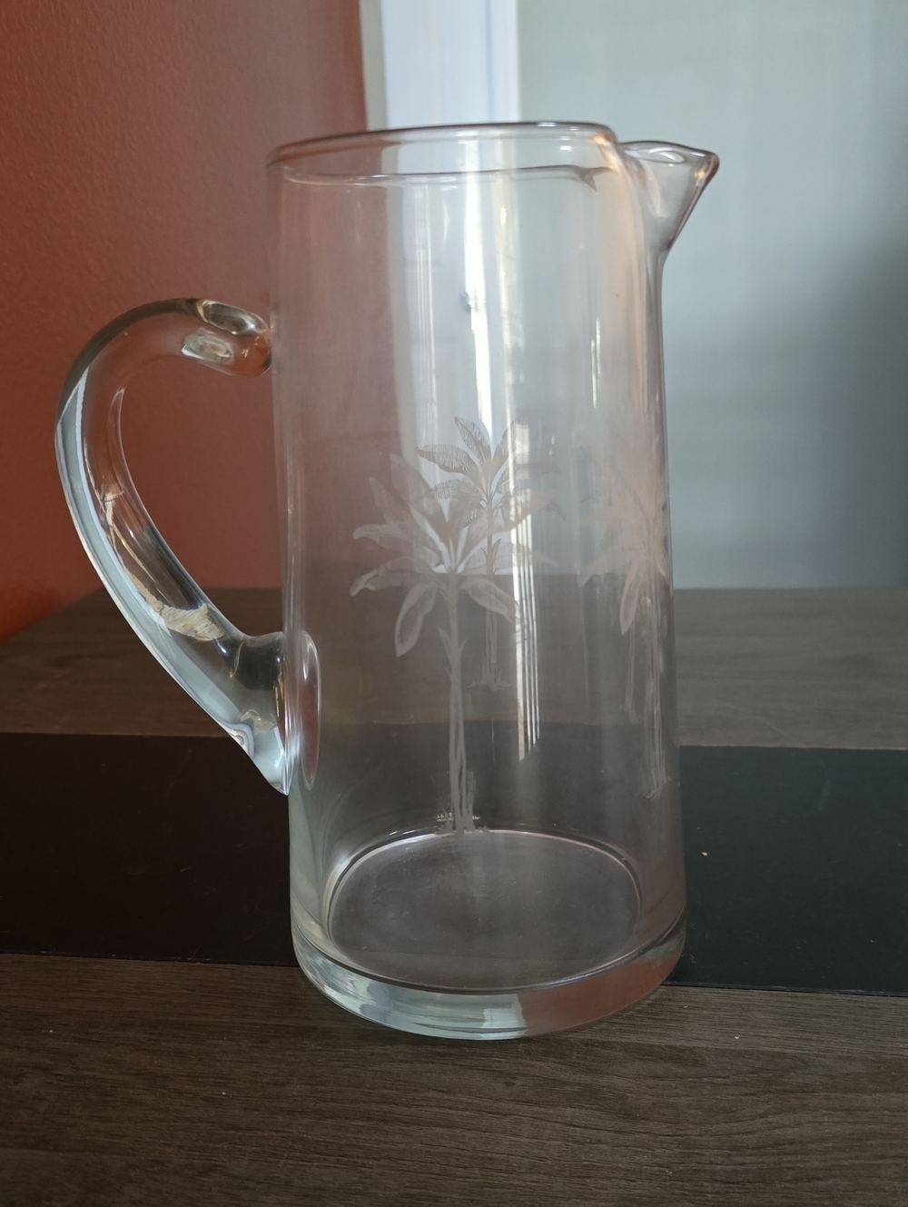 Clear Etched Glass Pitcher with Palm Tree Design